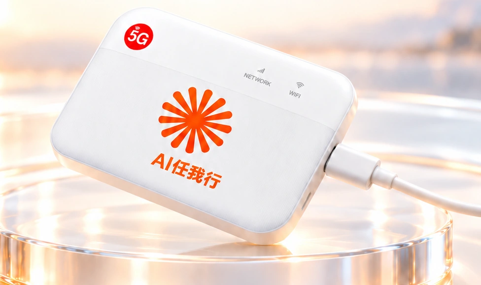 白色中兴F50硬件原型，印有橙色放射标志和AI保险卡名称，连接USB-C电源