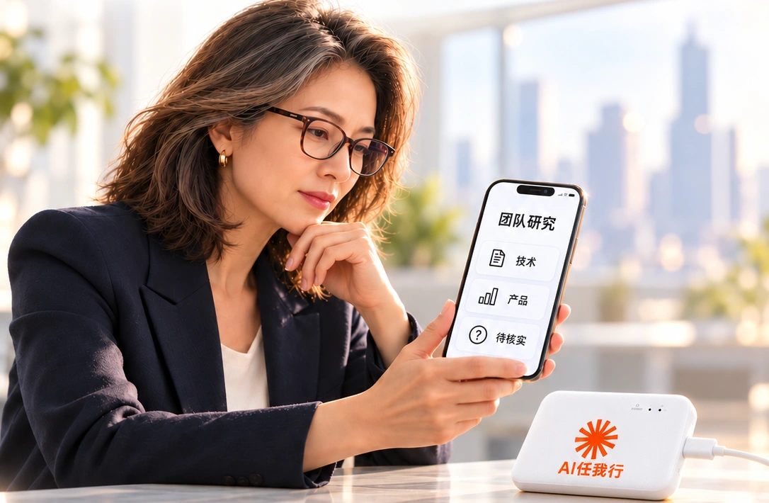专业女性投资人使用手机查看团队研究,桌面放有AI保险卡