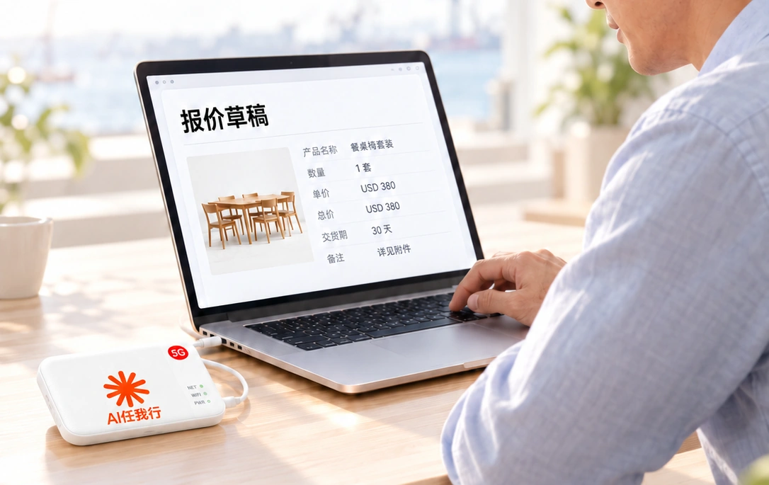 MacBook上并列显示客户询价和家具报价草稿,AI保险卡连接电脑